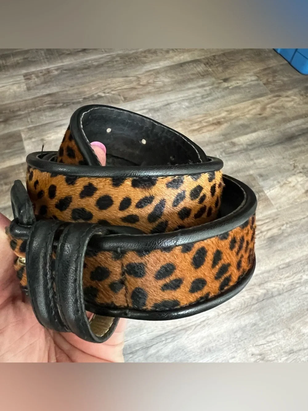 Vintage Genuine Leather Leopard Print Waist Belt Black Trim Size Medium